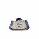 7 large tote bags, beige, blue straps, blue logo, pattern