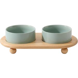 Ceramic Elevated Cat Food and Water Bowl, Kitty Bowl, Raised Cat Dish, Pet Feeder (5.1 in, 2 x Light Green + Stand)