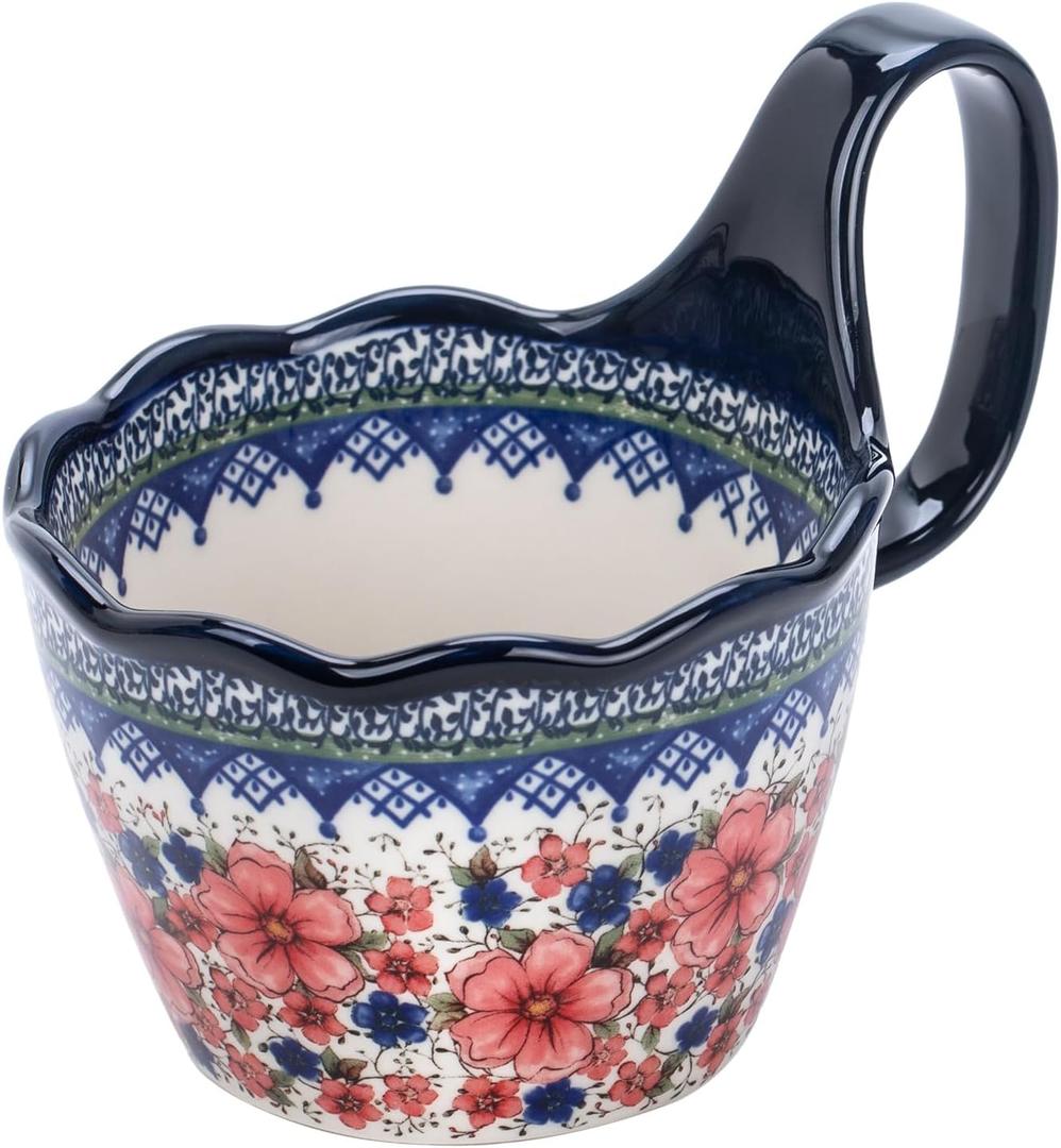 OZY Handpainted Soup Bowl with Handle,Ceramic Cereal Bowl Great for Soup, Ice cream, Fruits,Snack,Microwave &Dishwasher Safe (Snow Ink Plum Pink)