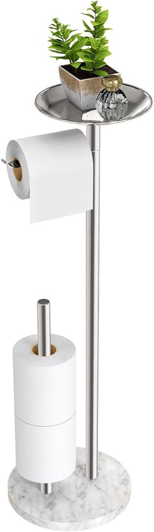 Toilet Paper Holder Stand with Marble Base, Toilet Paper Holder Stand Free Standing with Phone Shelf, Large Capacity Bathroom Toilet Paper Stand Reserve for 4 Rolls (Brush Nickel)