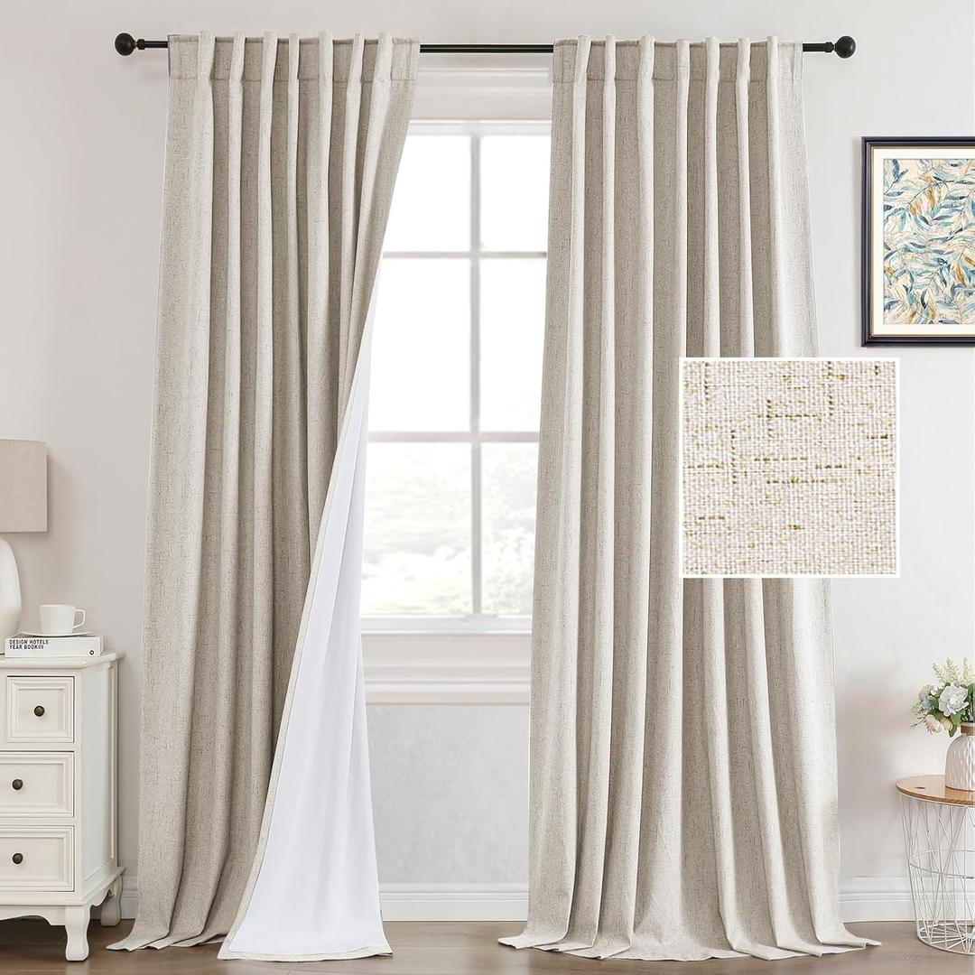 PrinceDeco 100% Blackout Linen Curtains for Bedroom 84 inches Length 2 Panels Set,Black Out Curtains with Back Tab and Rod Pocket Full Light Blocking Curtain - W52 x L84, Natural