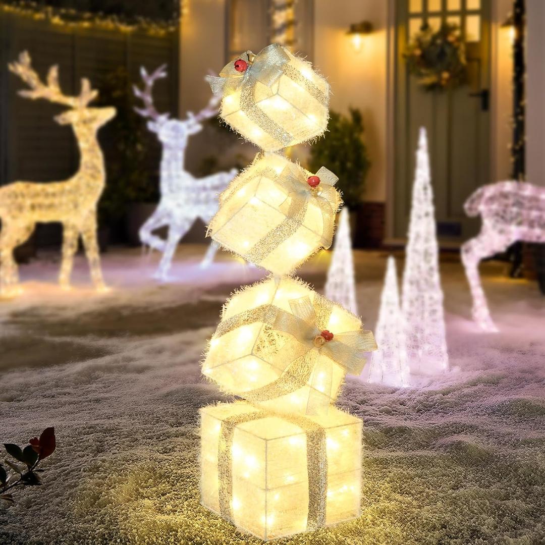 Set of 4 Christmas Lighted Gift Boxes, Pre-lit Light up Present Set with Different Sizes for Holiday Indoor Outdoor Decorations - Battery Operated(Warm White)