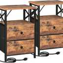 AMHANCIBLE Night Stand Set 2, Nightstand with Charging Station, End Tables Living Room with USB Ports and Outlets, Bedside Tables with Fabric Drawers for Bedroom, Rustic Brown HET05XBR
