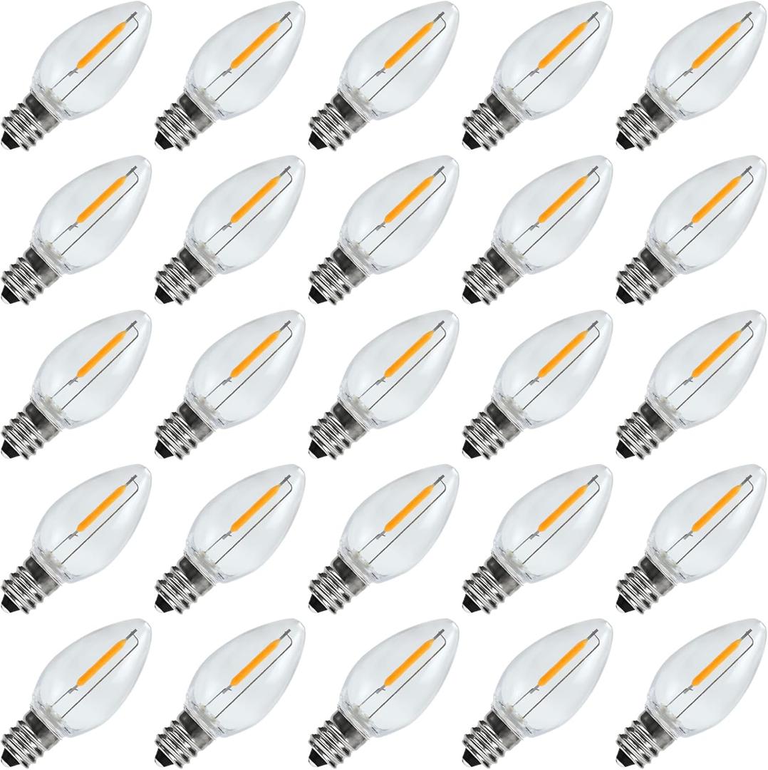 25 Pack C7 LED Replacement Light Bulbs, Shatterproof LED Bulbs for Window Candles & Chandeliers, E12 Screw Base, 0.6 Watt Equivalent to 5 6 7 Watt Incandescent Bulbs, Warm White 2200K