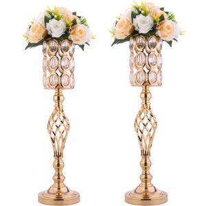 24in Metal Diamond Crystal Wedding Centerpiece Vases for Tables Set of 2, Gold Versatile Tall Flower Holders Centerpiece Flower Stands for Wedding Party Reception Dining Room Living Room Dcor (2 Pcs - Large)