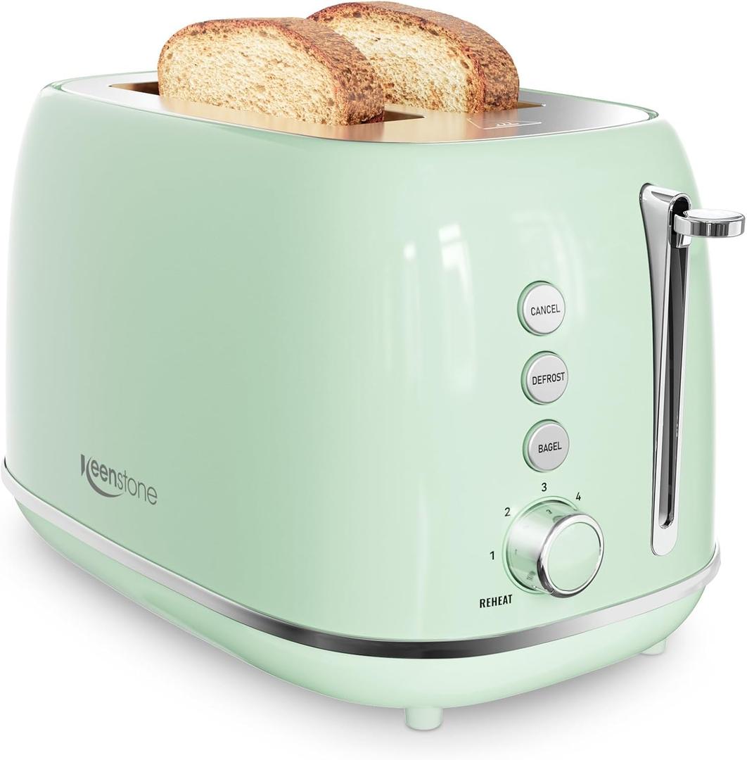 Toaster 2 Slice Stainless Steel Toaster Retro with 6 Bread Shade Settings, Bagel, Cancel, Defrost Function, 2 Slice Toaster with Extra Wide Slot, Removable Crumb Tray (Green)