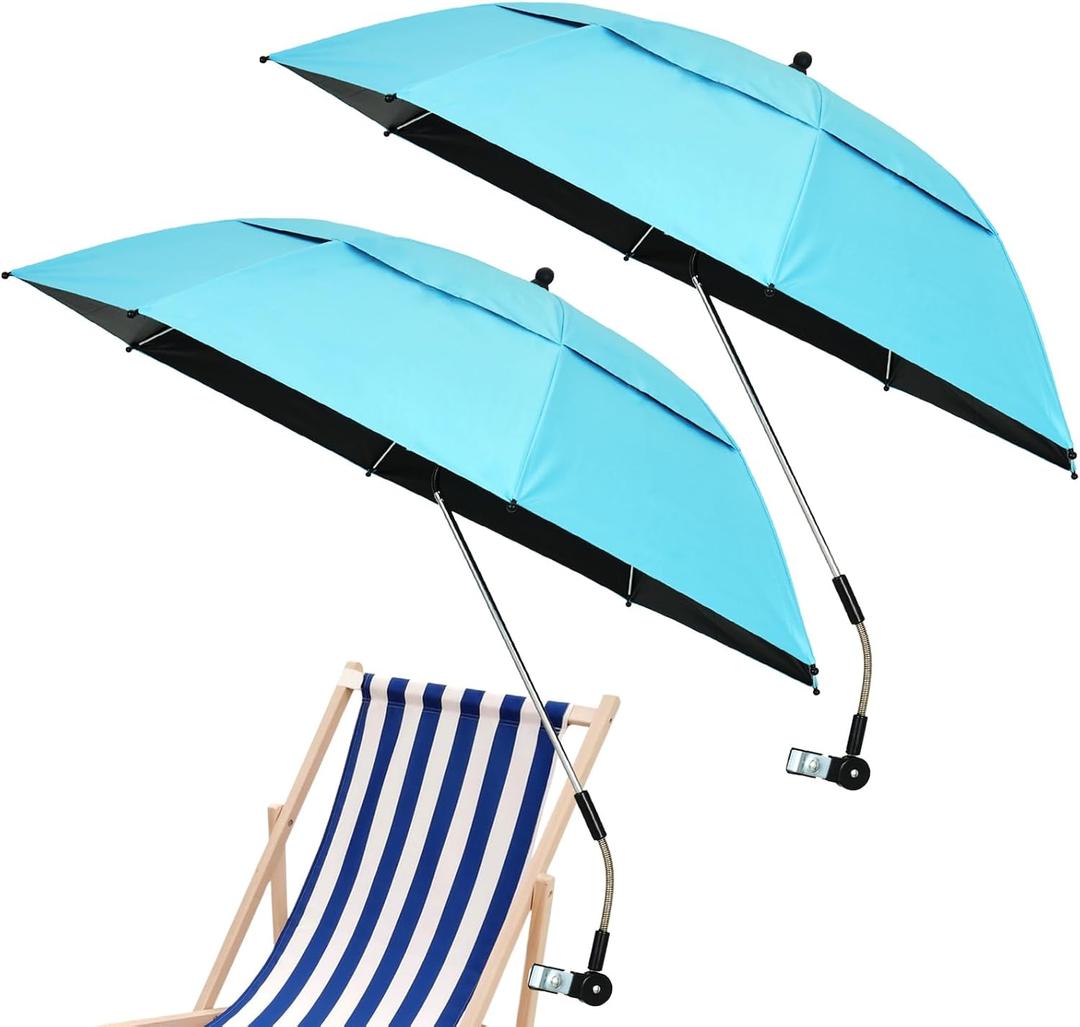 YEXEXINM 2 Pack Double Canopy Umbrella with Clamp 42" Portable Sun Umbrella 360Adjustable Beach Chair Umbrellas with Clip Outdoor Sun Shade for Camping, Wheelchair, Golf Cart, Stroller, Patio Chairs