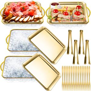 Baderke 4 Set 9" Chilled Serving Tray for Parties with Compartments Ice Chilled Party Platter Charcuterie Serving Board Cold Dish Dip with Forks Tongs for Fruit Seafood Vegetable Appetizer(Gold)