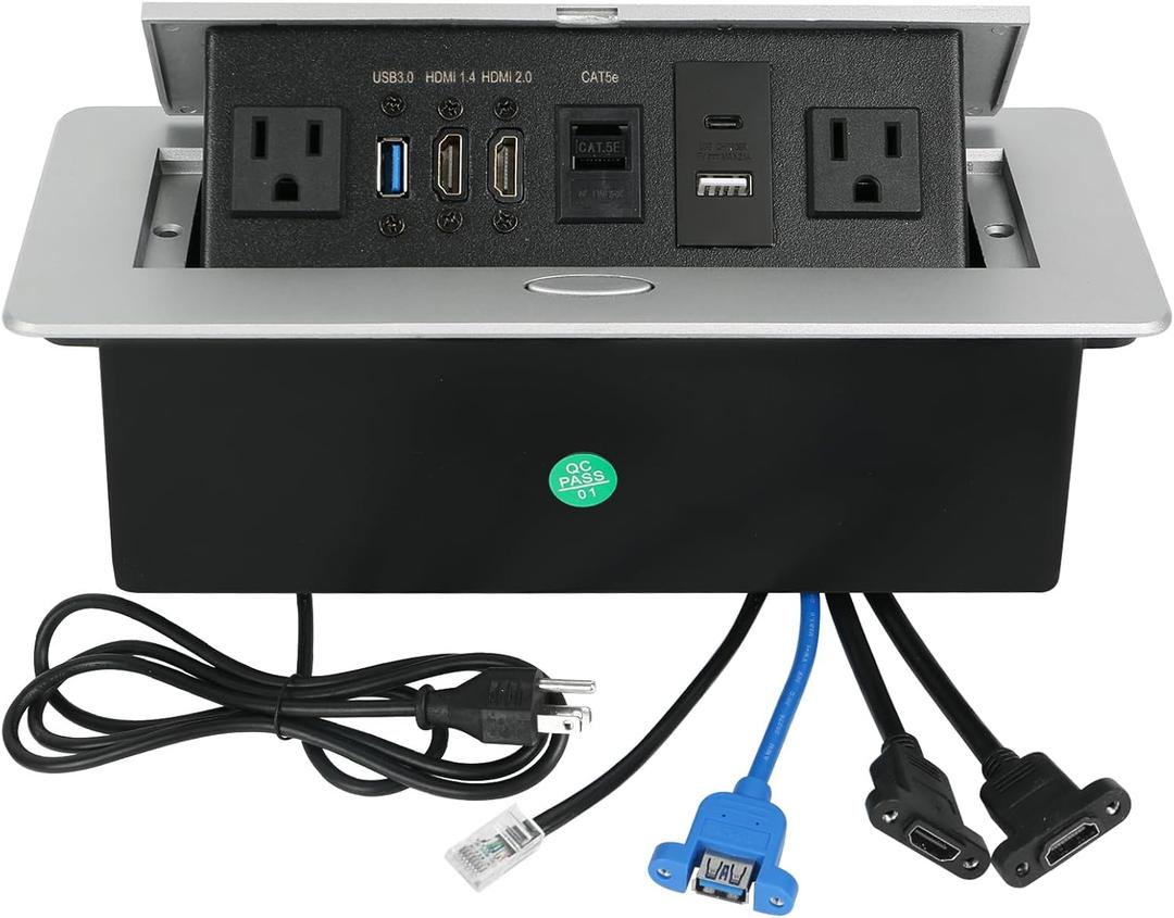 Table Pop Up Outlet, Desktop Pop Up Socket Center Countertop Socket Multimedia Strip Socket Connection Box Countertop with USB 3.0/2AC/2HDMI/USB-A/USB-C/LAN for Conference Desk Office(Silver-3)