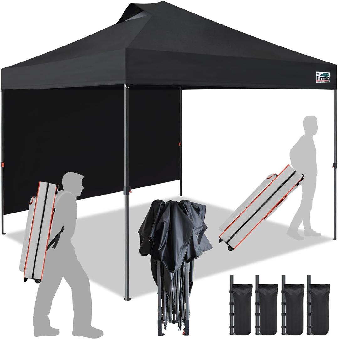 Eurmax USA NOMATTER ONE-Person Open&Close 10x10ft Pop Up Canopy Tent,Portable Shelter Canopy for Outdoor Events with 1 Removable Sidewall,Instant Canopies,Bonus 4 Sand Bags(Black)