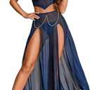Avidlove Women Lingerie Babydoll Chemise 3 Piece Set Mesh Side Split Nightgown (Blue, S)