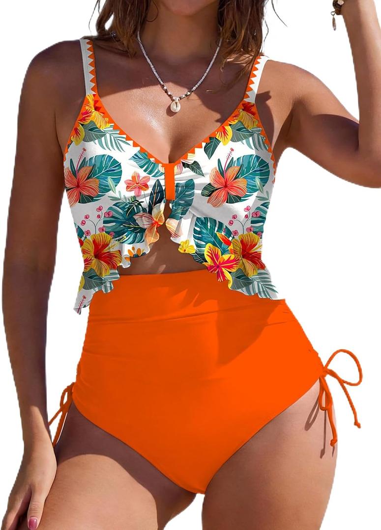 SHESHOW Women's Tummy Control One Piece Swimsuit High Waisted Cutout Ruffle Bathing Suit Color Block Swimsuits XXL
