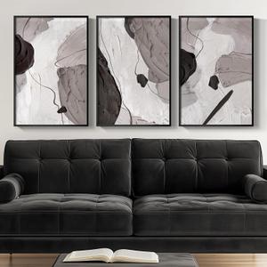 Framed Black and White Modern Abstract Wall Art, 3 Piece Canvas Prints Paintings Artwork for Walls, Minimalist Black White Grey Pictures for Living Room Dining Room Bedroom Office Wall Decor 16x24 In