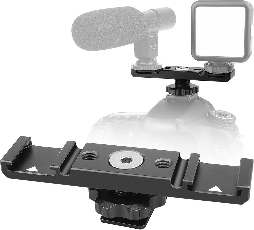 Chromlives Hot Shoe Mount Bracket Dual Hot Shoe Extension Bar Aluminum Mounting Plate Adapter Double Extension Shoe for LED Video Light Screens