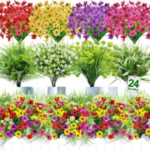 24 Bundles 8 Styles Artificial Flowers for Outdoors UV Resistant Fake Flowers Faux Plastic Plants Colorful Daisy Boston Fern Lavender Cemetery Flowers for Outside Indoor Home Porch Patio Spring Decor