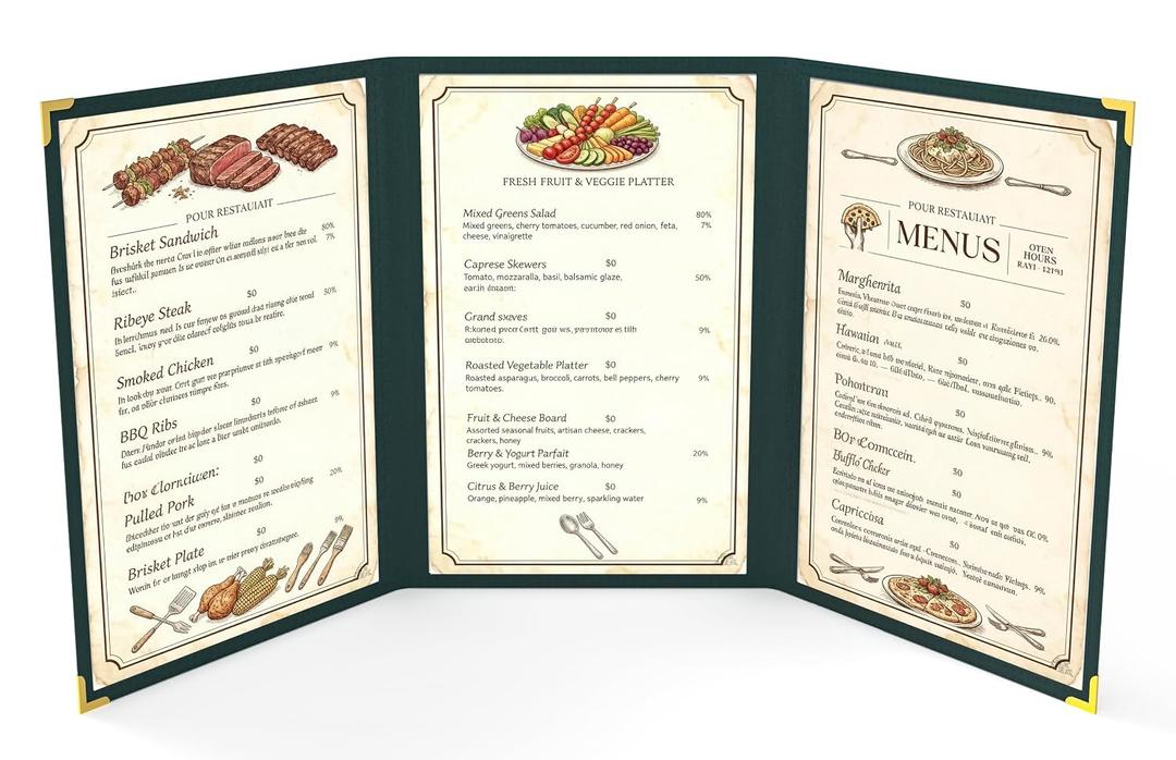 10 Pcs Green Menu Cover 8.5x14, 3 Page 6 View, Trifold, Crystal-Clear
