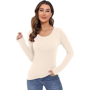 Women's Long Sleeve T-Shirt Scoop Neck Rayon Slim Fit Stretchy Layer T Shirts Tops Size S