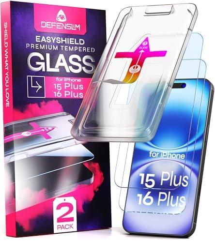 Defenslim Screen Protector for iPhone 15 Plus / 16 Plus (2Pack), Easy Auto-Align Install Kit, 6.7" Tempered Glass, 9H Hardness, Ultra HD Clear, Case Friendly, EasyShield