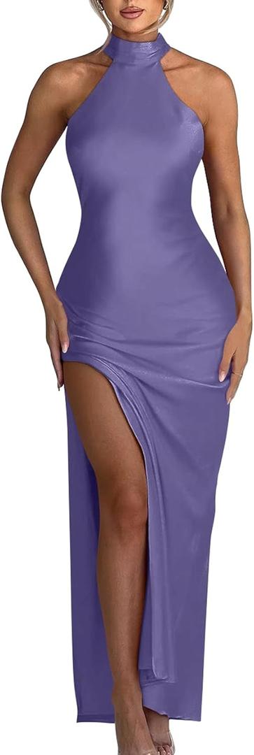 Memoriesea Women's Sexy High Split Sleeveless Backless Party Wedding Maxi Dress (Purple), S