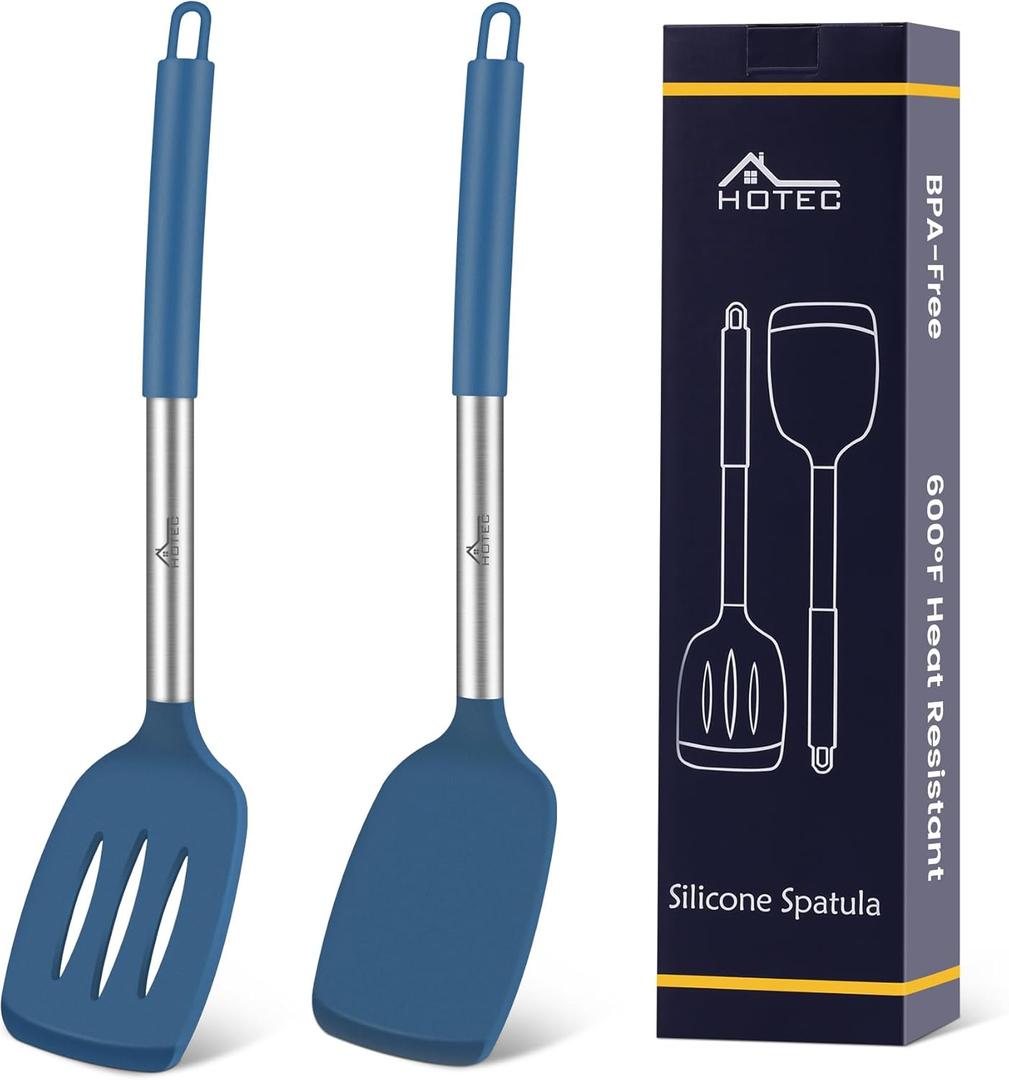 HOTEC Silicone Spatula Set of 2 Heat-Resistant 600F & BPA-Free Kitchen SaptulaTurner with Stainless Steel Handles, Slotted & Solid Spatulas for Nonstick Cookware, 13.7 Inch, Classic Blue