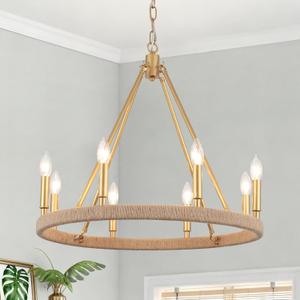 Gold Farmhouse Chandelier 8 Light Wagon Wheel Chandelier Modern Metal Round Pendant Lighting Fixture for Dining Room Entryway Island Living Room Kitchen