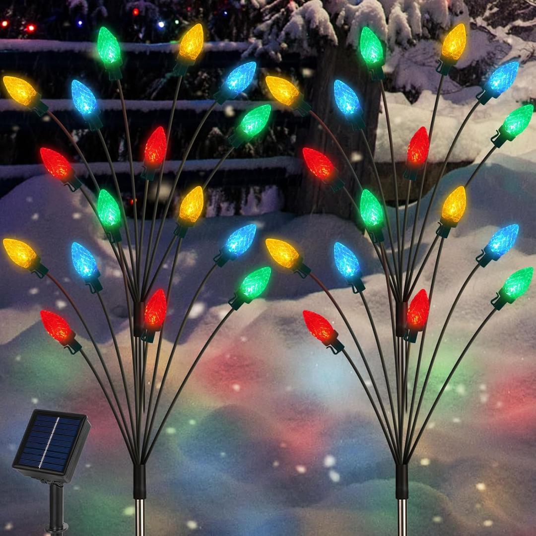 Set of 4 C7 Solar Christmas Decorations, 8 Modes Vintage Swaying Garden Lights, Outdoor Pathway Solar Christmas Stake Lights, Upgraded Base on Firefly Light for Lawn Decor, Multicolor