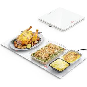 FEPPO Electric Warming Tray with Independent Temp Control, 31"x15" Glass Surface Warming Mat for Food, 10 Temp Settings and Timer, 2-in-1 Food Warmers for Parties Buffet