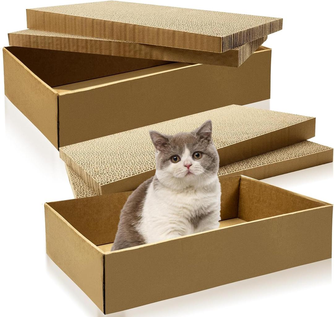 Cardboard Cat Scratcher Box Set of 2, 17 Inch Corrugated Cat Scratch Pad with 4 Double-Sided Curved Wave Shaped Pad for Indoor Cats Kitty Play Rest Grind Claws