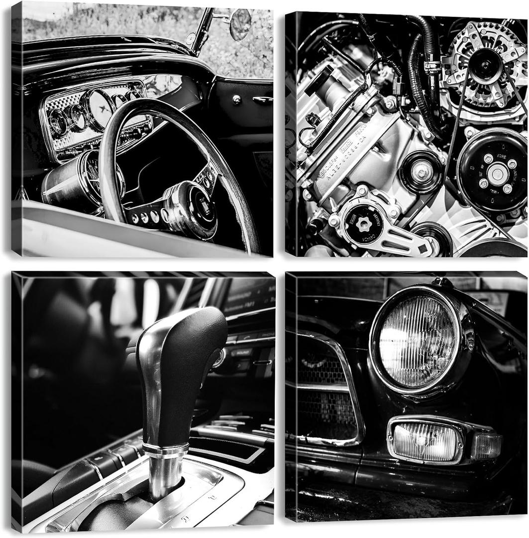 Black and White Car Wall Art Vintage Car Posters for Mens Bedroom Office Decor Vehicle Canvas Prints for Boys Room Wall Decor Retro Classic Cars Engines Framed Artwork Home Decoration 12x12 4Pcs
