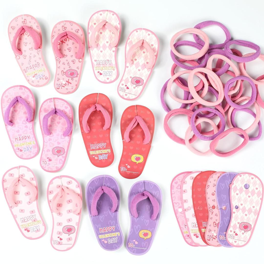 98pcs Valentines Day Gifts for Kids Children's Slipper Card with Hair Rope Set Valentines Day Gift Exchange Hair Accessories for School Classroom Boys Girls Toddlers and Kids Party Favor Sets