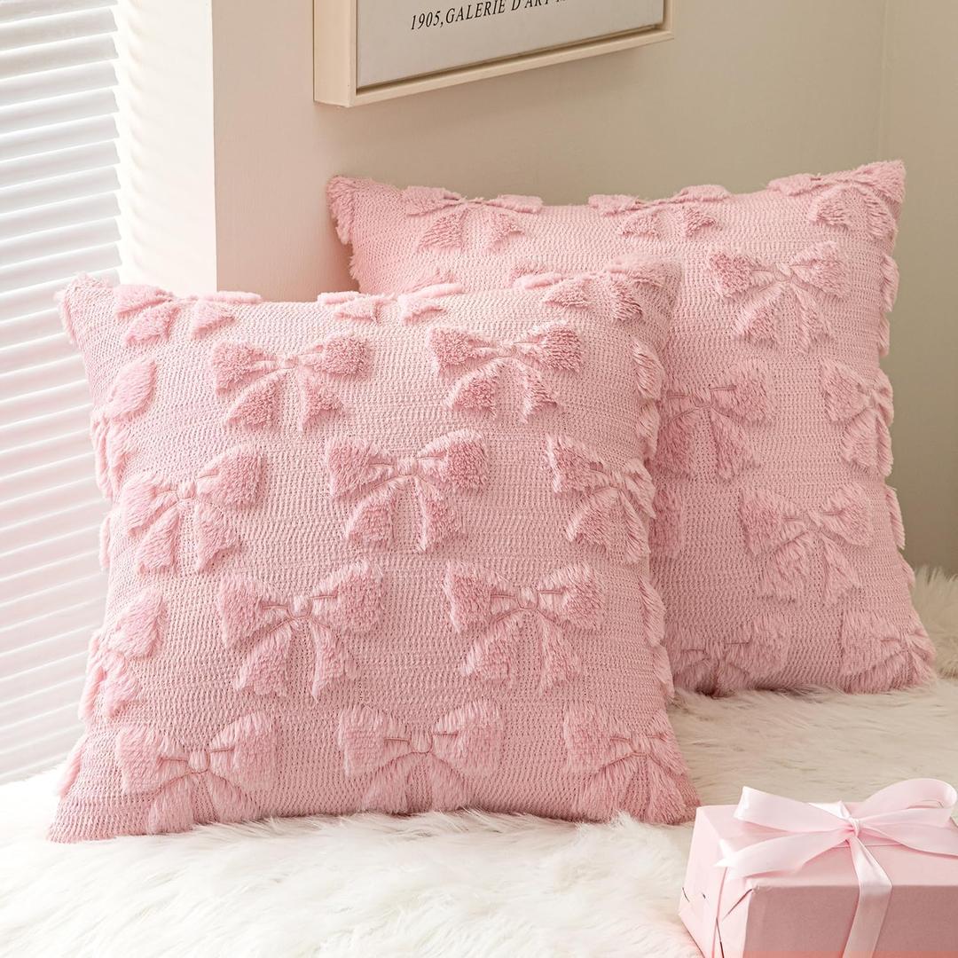 MIULEE Pink Bow Pillow Covers Coquette Room Decor Aesthetic Set of 2 Decorative Cute Girl Vlentine Pillow Covers Spring Soft Plush Faux Pillowcase for Preppy Room Decor Bedroom Couch,18x18 Inch