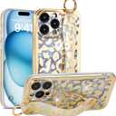 for iPhone 14 Pro Wrist Band Kickstand Cover Case Cheetah Print Ultra Slim IMD Shockproof Protection Holder Cover Case for Apple iPhone 14 Pro 6.1-inch (Leopard Skin Pattern)