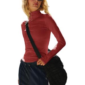 Womens Long Sleeve Turtleneck Shirt Crop Basic Tops Slim Fitted Top Going Out Y2K T Shirts (Red, S)