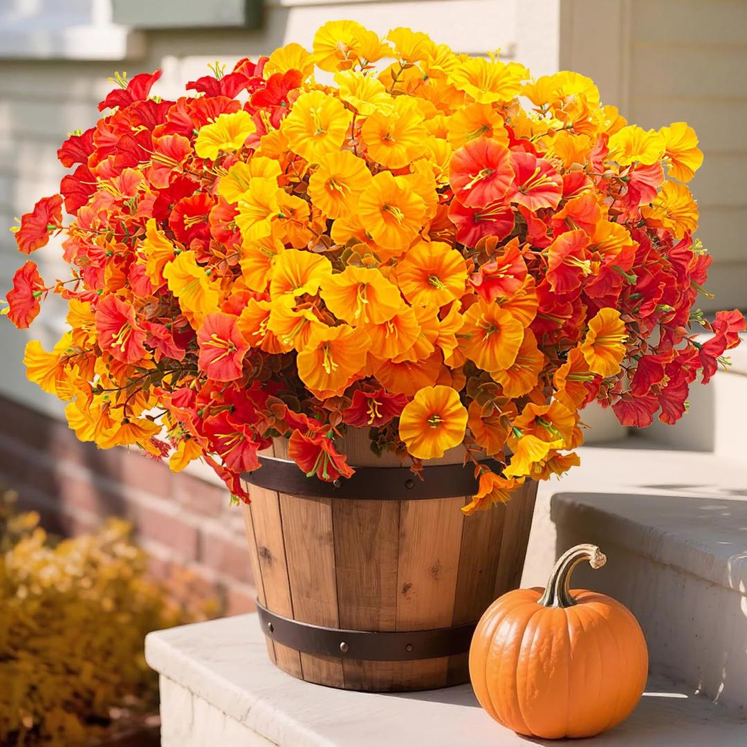 16 PCS Outdoor Fall Artificial Flower - Autumn Thanksgiving Halloween Porch Decor, Faux UV-Resistant Plants for Front Door, Wall, Fence, Fireplace Mantel Decorations