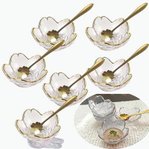 6 Pcs Clear Sakura Sauce Dishes Set with Gold Trim, 3.3" Glass Cherry Blossom Dipping Bowls with Metal Spoons, Small Condiment Dishes for Soy Sauce, Sushi, Snacks, and Party Appetizers