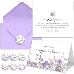 Funeral Thank You Cards with Envelopes, Set of 50, Purple Watercolor Butterfly Floral Design Message Inside 4x6In Sympathy Thank You Card for Funeral Bereavement