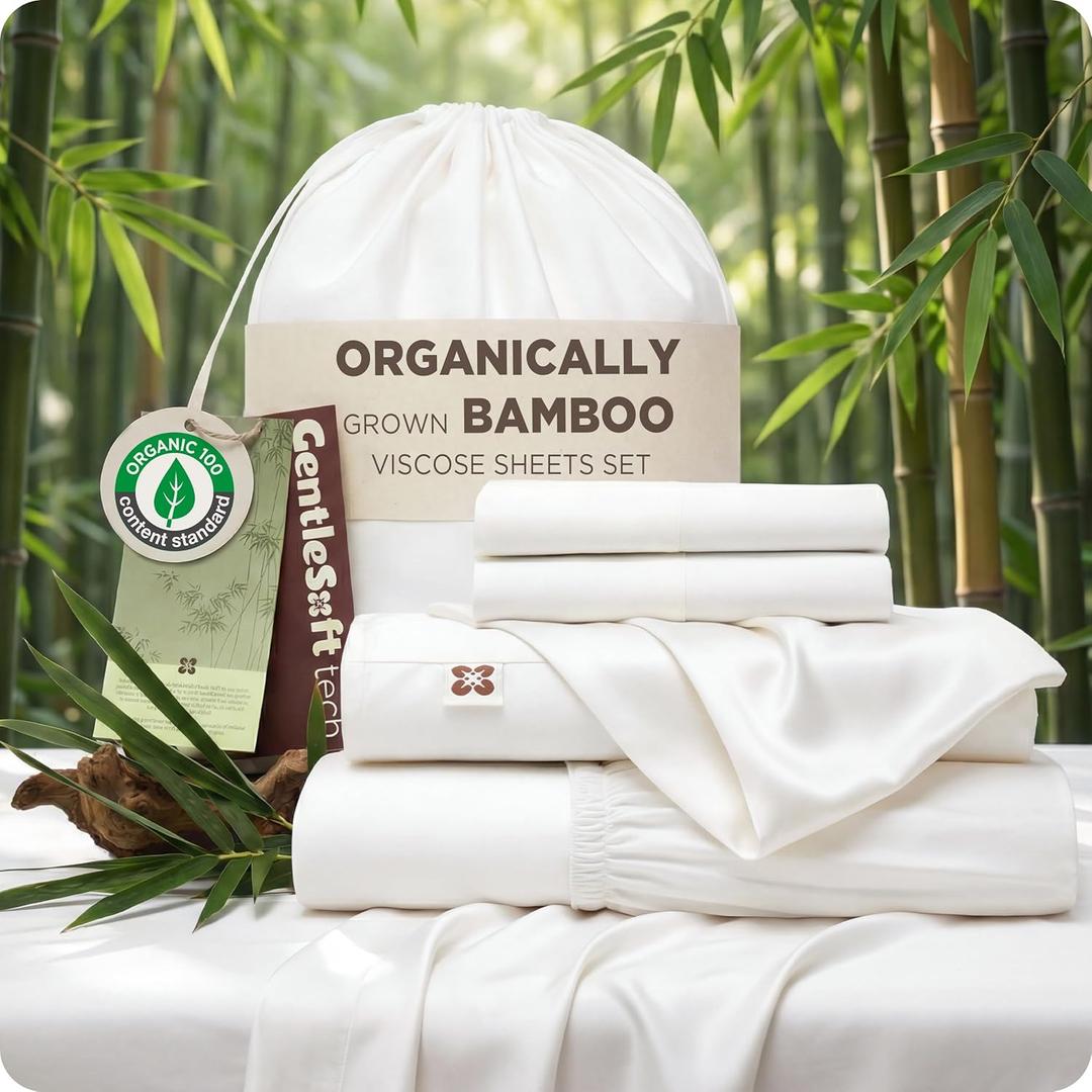 Bedsure 100% Organically Grown Bamboo Viscose King Size Sheets Set | Cooling Bedsheets for Hot Sleepers | Luxury Silky Soft | 18" Deep Pocket with Corner Straps | Oeko-Tex Certified [White]