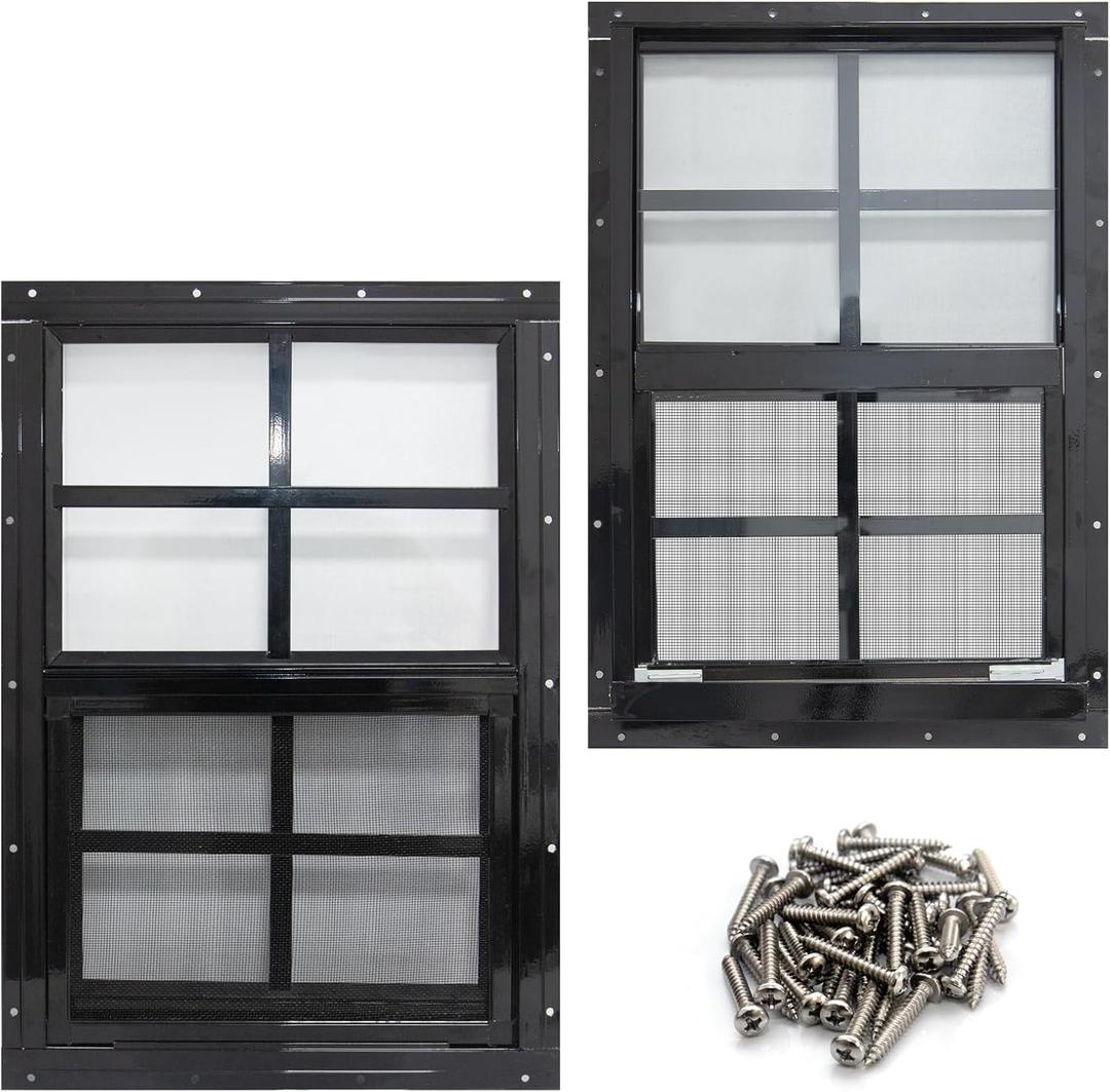 NeatiEase 2 Pack Shed Windows with Black Frame, 12 x 18 Flush Mount Small Window with Tempered Glass and Fiberglass Screen for Shed, Chicken Coop, Playhouse, Household, Garage
