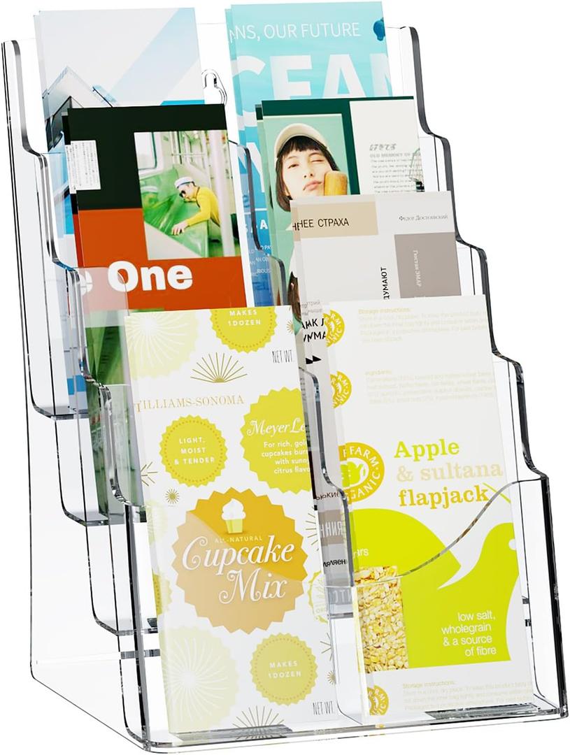 VEVOR Acrylic Brochure Holder 8.5 x 11 inch, 4-Tier Clear Acrylic Literature Display Stand, Plastic Literature Organizer Flyer Stand & Removable Divider for Office Exhibition, Countertop or Wall Mount