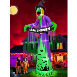 12 FT Giant Halloween Inflatables Witch Outdoor Decorations with LED Lights,Scary Witch Holds I Smell Children Banner Blow Up Halloween Decorations Outdoor Yard Garden Lawn Home with Stakes Tether