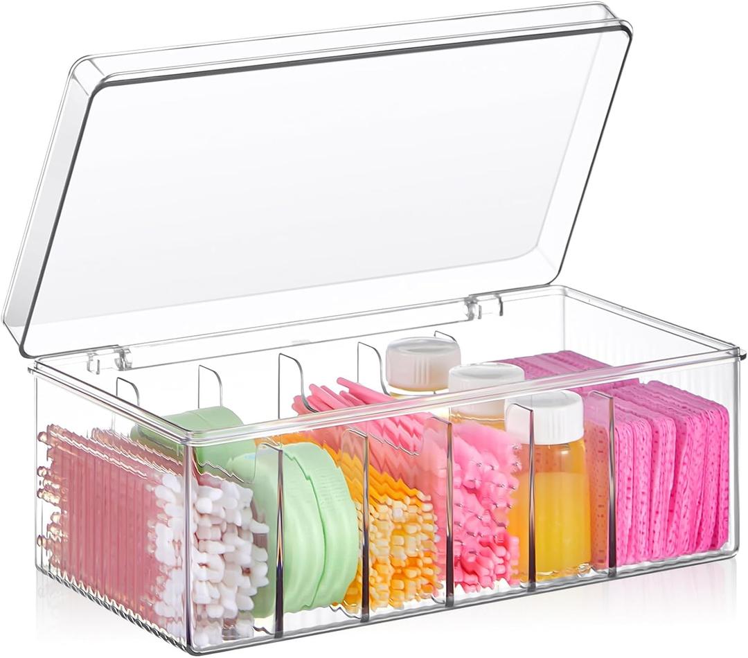 Teenyyou 1 Pcs 8.5 x 4.9 x 3.5 Inch Large Capacity Acrylic Lash Extension Cart Organizers and Storage 6 Divided Eyelash Extension Supply Storage Box Clear Eyelash Cart with Lid Technician Lash Techs