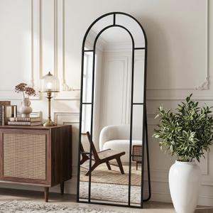 58" x 21" Arched Full Length Floor Mirror, Farmhouse Window Pane Mirror with Metal Frame, Decorative Leaning or Wall Mounted Mirror for Bedroom, Living Room, Entryway, Black