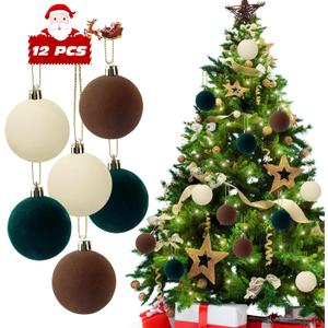 12 PCS Velvet Ornaments for Christmas Tree Decorations, Elegant Velvet Christmas Ornaments Balls, Shatterproof Xmas Decorative Hanging Ornaments(Brown, Green, Light Khaki,2.36 Inch)