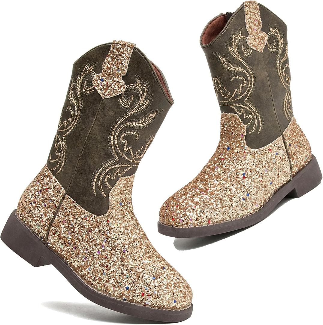 DADAWEN Kids Glitter Square Toe Cowgirl Boots Cowboy Western Boots Boys Girls Mid Calf Riding Shoes With Side Zipper (1 Little Kid, Gold)