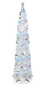 QBA 5FT Pop Up Christmas Tree with 90 Colorful Lights, Collapsible Tinsel Christmas Tree Slim Pencil Tree for Home Office Holiday Party, White