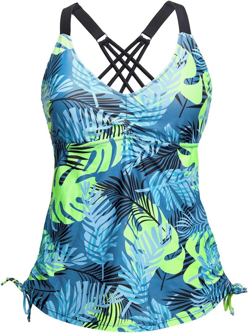 Tempt Me Women Blue Leaves Tankini Top Only V Neck Swim Tops Tummy Control Bathing Suit Top No Bottom L
