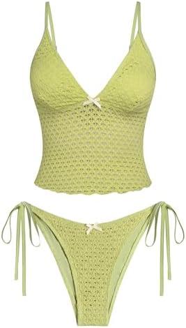 ZAFUL Tankini Swimsuits for Women Lace Jacquard Bowknot Decor Tummy Control High Cut Tanga Tankini Set, M