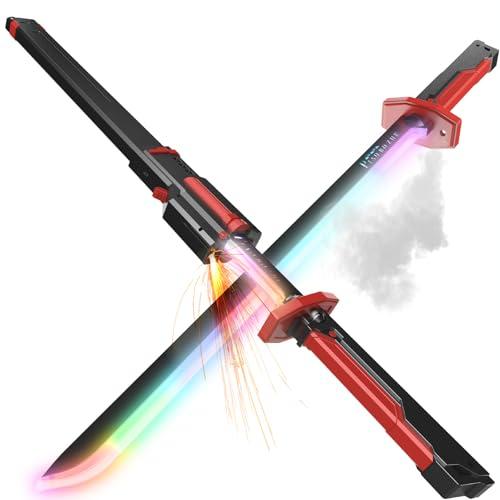 EVADA Neon LED Spark Sword with Sound and Fog, Type-C Recharge, 31.5" Glowing Ninja Blade Weapon for Kids and Adults, Toys for Cosplay, Rave and Halloween（Red）