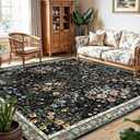 8x8 Square Area Rug Living Room, Non-Slip Floral Washable 8ft Square Rug Low Pile Thin Indoor Carpets for Dining Room Bedroom Office High Traffic Area Boho Vintage Home Decor (8ft Square, Black)