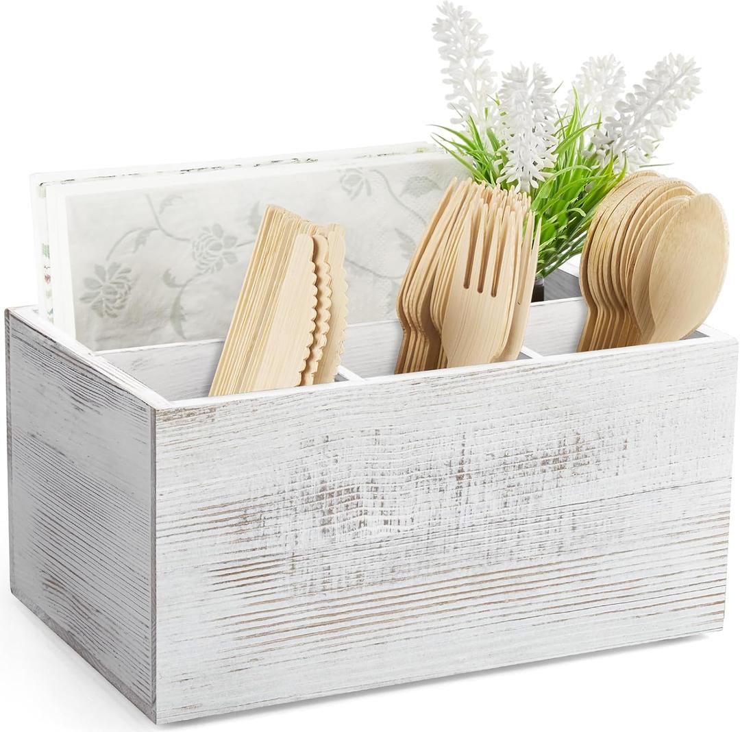 DRASTAR Silverware Caddy, Wooden Utensil Holder, Picnic Cutlery Holder, Whitewashed Silverware Holder, Plastic Silverware Caddy for Party, Countertop, Camping